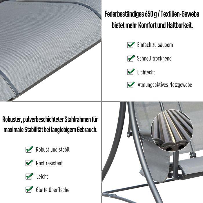 Produktbild Swisshandel24 3-Sitzer Hollywoodschaukel, Gartenschaukel mit Sonnendach, Schaukelbank mit Ablage, Aluminium, Grau