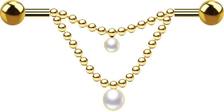 Actual product image Star Piercing Barbell gold-plated two balls two chains pearl white (without brass, Surgical steel 316L)