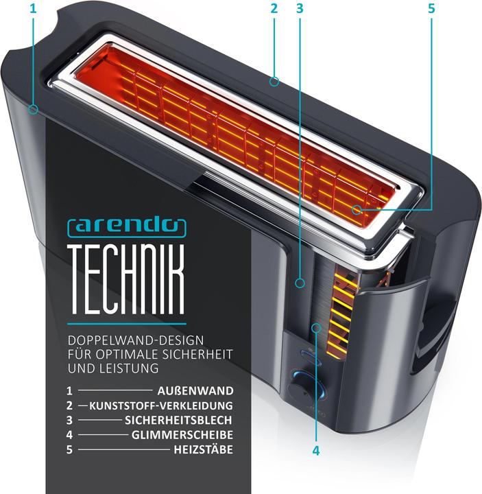 Actual product image Arendo Toaster stainless steel 2 slices long slot, double wall, display with remaining time indicator, bun