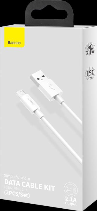 Actual product image Baseus Simple Wisdom Data Cable Kit USB to Micro 2.1A (2PCS/Set) 1.5m White (1.50 m)