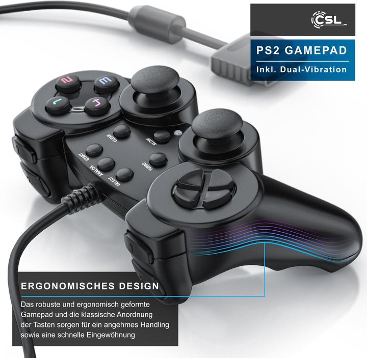 Image du produit CSL 2x PlayStation Controller, PS2 Gamepad avec double vibration (effet Rumble), précision & confort (PS2)