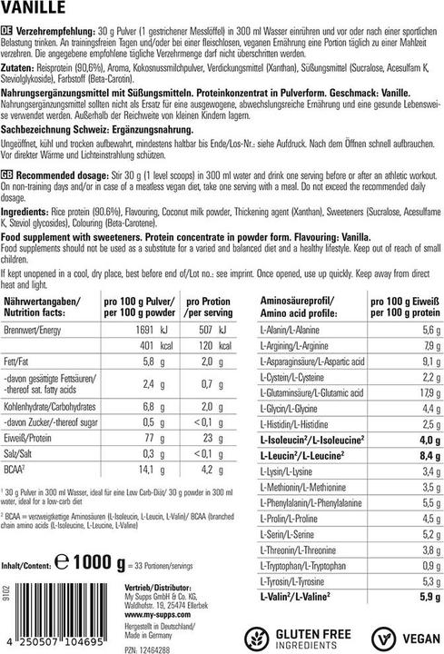 Nährwerte und Zutaten My Supps 100% Rice Protein (1000g Beutel) (Schoko)