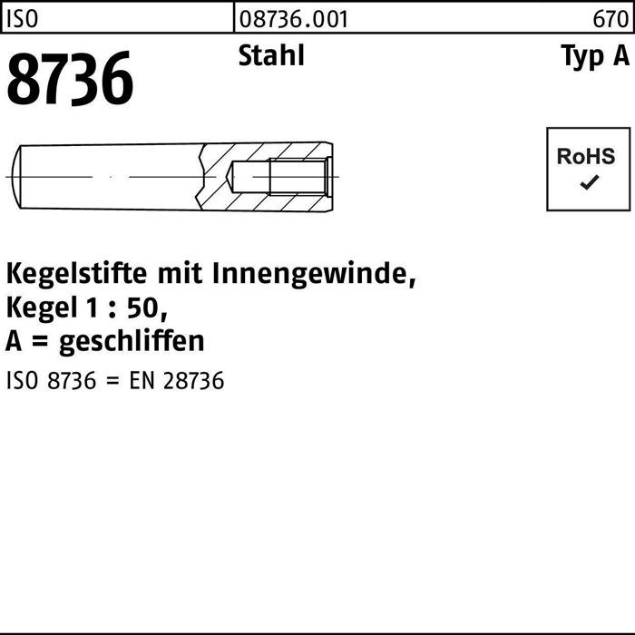 Produktbild Kegelstift ISO 8736 m.Innengewinde A 16 x 70 Stahl Kegel 1:50 ISO 8736 (5 Schrauben pro Stück)