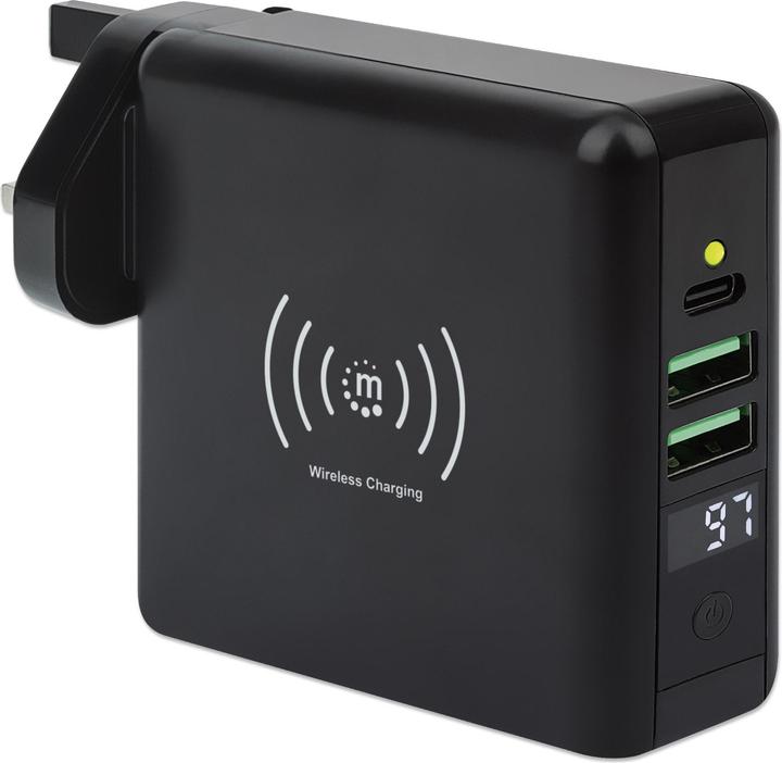 Actual product image Manhattan 4-in-1 Travel Charger and Powerbank 8,000 mAh One 5 W wireless induction charging pad, two 12 W USB (8000 mAh, 5 W, 29.60 Wh)