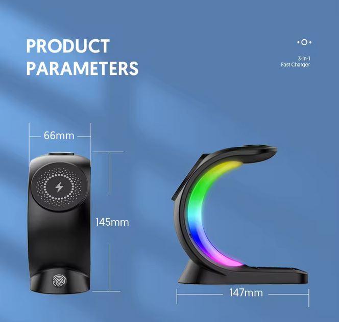 Produktbild PhoneLook Ladestation wireless MagSafe 15W 3in1 (iPhone, AirPods, Apple Watch) mit RGB LED Licht (15 W)