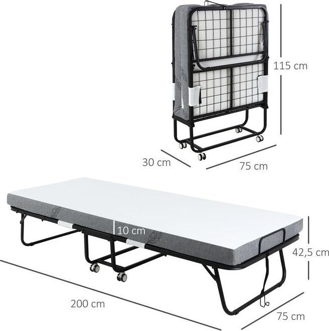 Image du produit Swisshandel24 Lit d'appoint Lit pliant avec roulettes Acier+mousse Blanc+noir 200 x 75 x 42,5 cm (75 x 200 cm)