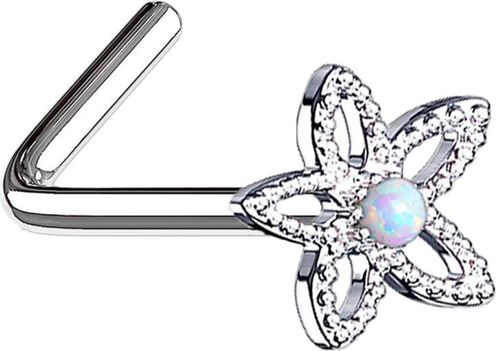 Produktbild Star Piercing Nasenstecker gewinkelt silber filigrane Opal Blume weiss (Chirurgenstahl 316L, Messing)