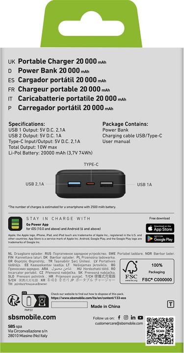 Energy Label SBS Fast Charge Powerbank (20000 mAh, 10 W, 74 Wh)