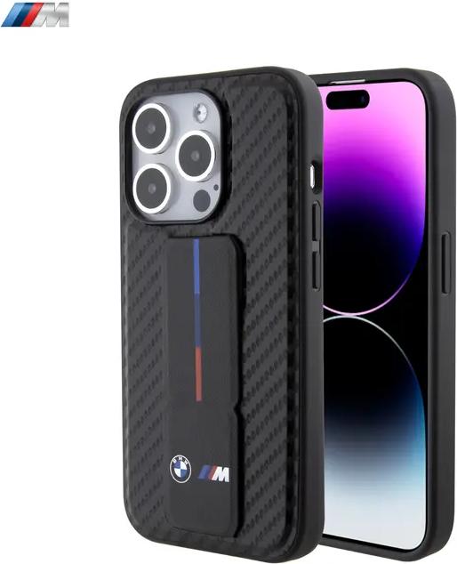Actual product image BMW BMHCP15LGSPCCK iPhone 15 Pro 6.1" czarny/black hardcase Grip Stand Smooth & Carbon (Apple iPhone 15 Pro)