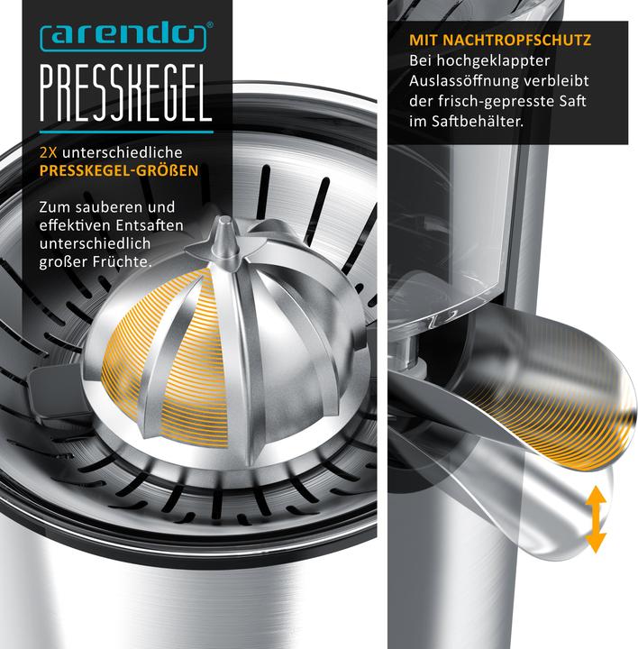 Actual product image Arendo Edelstahl Zitronenpresse, Orangenpresse Limettenpresse Entsafter, 0,4L Behälter, 2 Presskegel, 800W