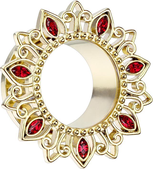Image du produit Star Piercing Flesh Tunnel plaqué or fleur de lotus cristal rouge (Acier chirurgical 316L, Laiton)