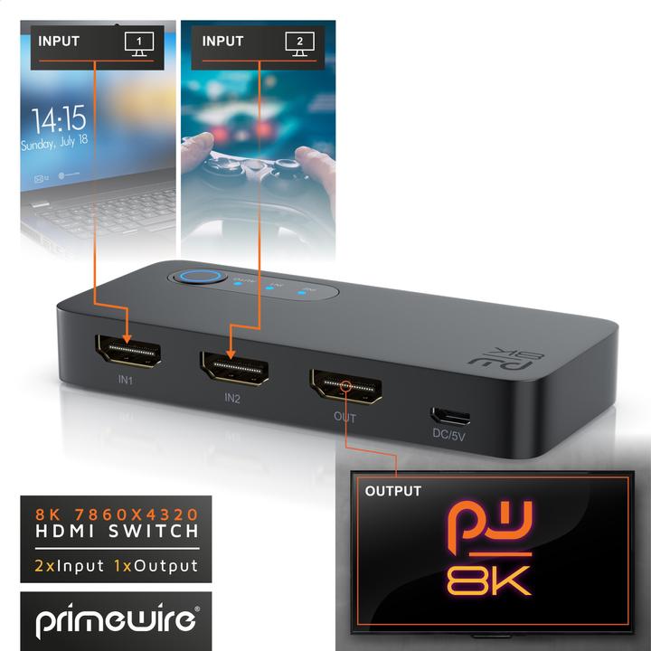 Immagine prodotto Primewire Splitter HDMI a 2 porte, switch HDMI in alluminio 8K 2 in 1 Out UHD, distributore, switcher, 4K 3D