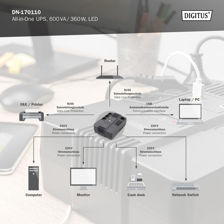 Actual product image Digitus All-in-One UPS, 600VA/360W, LED x1, 4x CEE 7/7,3x IEC C13, USB (600 VA, 360 W, Line-interactive UPS)