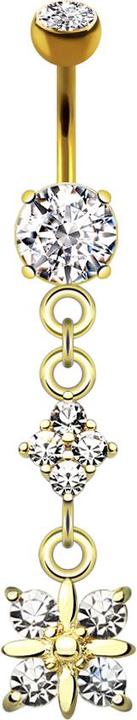 Star Piercing Banane 14k vergoldet mit zwei Kugeln Kristall silber Anhänger Diamant vier Kristalle (Chirurgenstahl 316L, Messing)