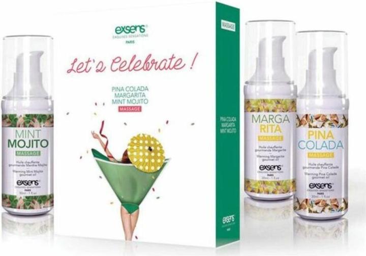 Actual product image Lovetoy LET'S CELEBRATE! Warming gourmet massage oils (Mint Mojito, Margarita, Pina Colada) 3 x 30ml (90 ml)