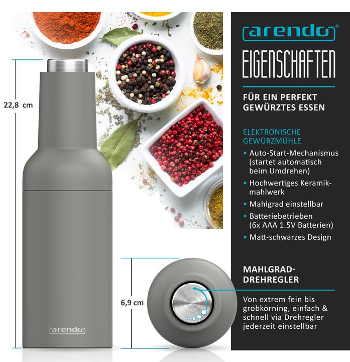 Produktbild Arendo Salz- & Pfeffermühle Elektrisch 2er Set, Gewürzmühlen, Edelstahl, einstellbar, Batteriebetrieben (Pfeffer, Kräuter, Salz)