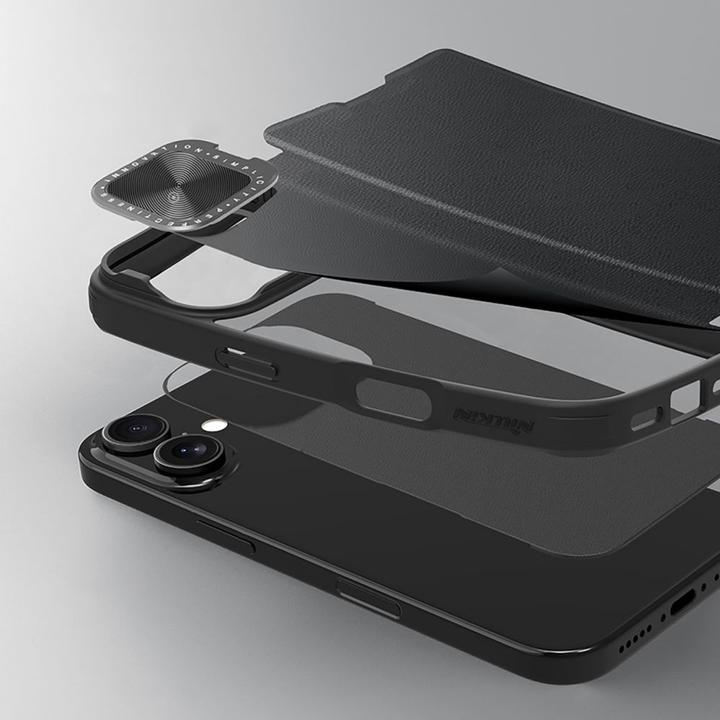 Produktbild Nillkin Qin Prop Leather Case with Camera Cover and Stand for iPhone 16 - Black (Apple iPhone 16)