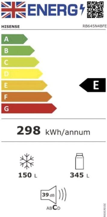 Etichetta energetica Hisense RB645N4BFE frigorifero con congelatore Libera installazione 495 L E Nero (495 l)