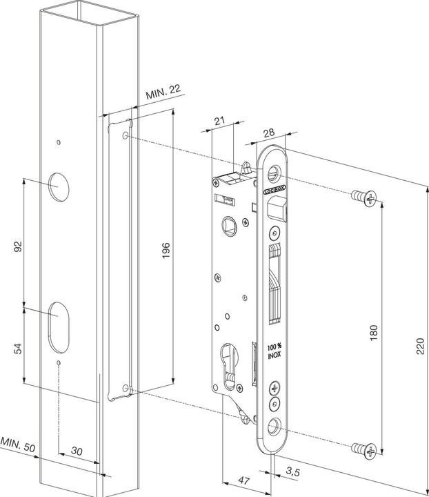 Produktbild Locinox Rohrrahmenschloss Fiftylock mit Hakenriegel, PZ 92,DM 30 mm,Stulp rund,Edelstahl (Türgriff)