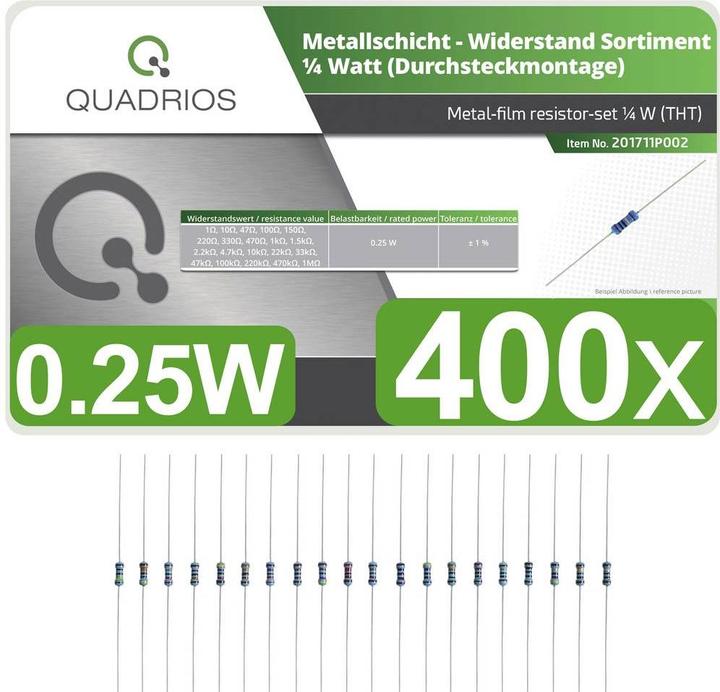 Produktbild Quadrios 201711P002 Metallschicht-Widerstand Sortiment axial bedrahtet 0.25 W 1 % 400 St.
