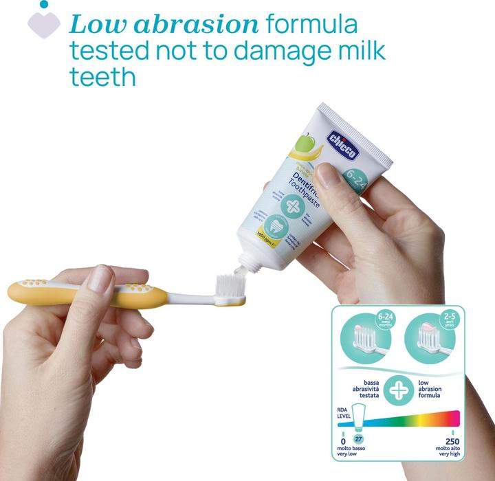 Produktbild Chicco Fruchtige Zahpasta mit Apfel/Bananengeschmack, MIT Fluorid 1000ppm, 50ml - 6-24m (50 ml)