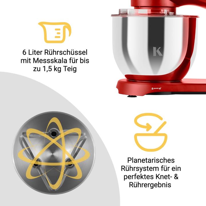 Actual product image KLAMER Küchenmaschine, Knetmaschine mit 6 Liter Edelstahl Schüssel (1800 W)