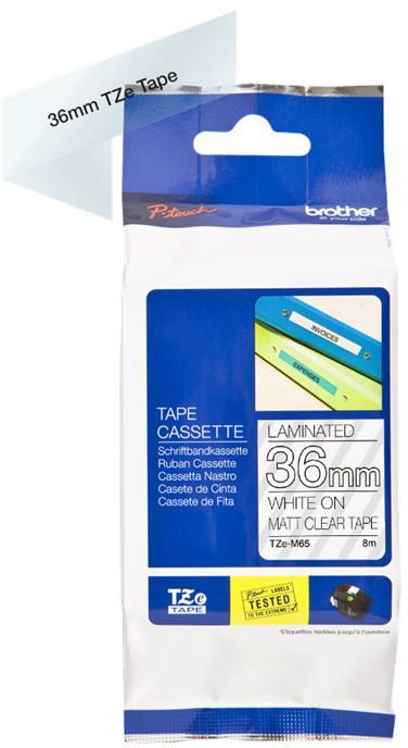 Immagine prodotto Brother Nastro per etichette laminato opaco a cassetta TZeM65 Bianco su sfondo trasparente, TZe, 8 m, 3,6 cm (3.60 cm, Trasparente)
