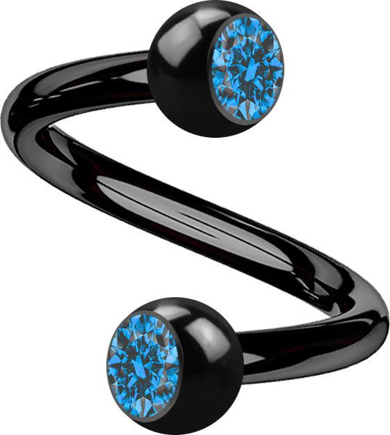 Star Piercing Micro Spirale schwarz mit zwei Kugeln Kristall hellblau (Titan G23, ohne Messing)