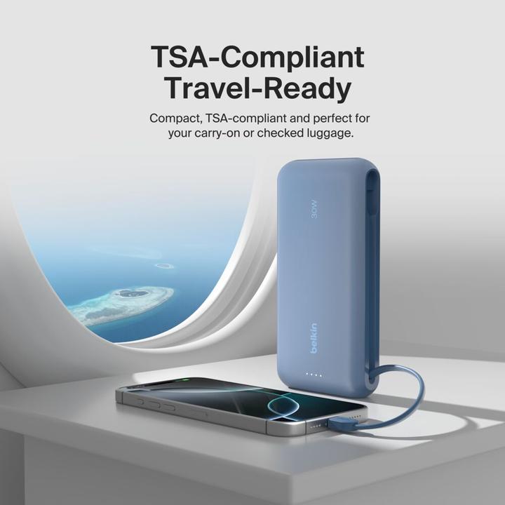 Actual product image Belkin Powerbank 20.000mAh blue 30W integr.USB-C cable BPB024hqBL (20000 mAh, 30 W, 74 Wh)