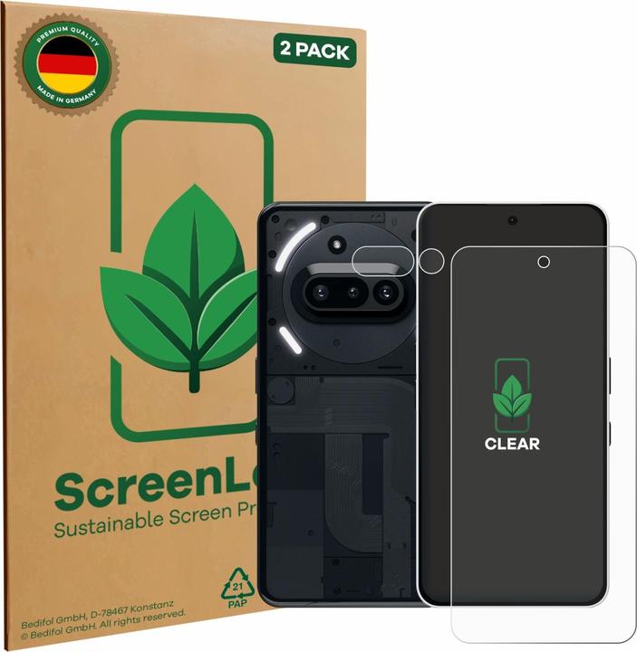 Produktbild ScreenLeaf Schutzfolie nachhaltiger Displayschutz Display Schutz Folie Klar Transparent (2 Stück, Nothing Phone (3a) Pro)
