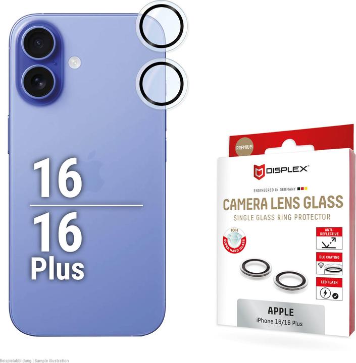 Produktbild Displex Premium Camera Lens Glass, Kamera Schutzglas, Einzelringe (1 Stück, Apple iPhone 16 Plus, Apple iPhone 16)