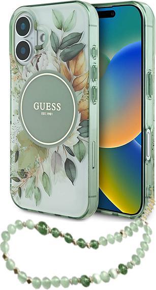 Actual product image Guess GUHMP16MHFWBRCESN iPhone 16 Plus 6.7" zielony/green hardcase IML Flowers With Pearl Strap MagS