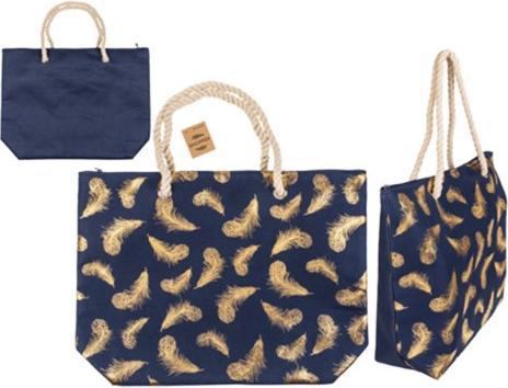 Actual product image Bekos Blue shopper with gold feathers and cord handles