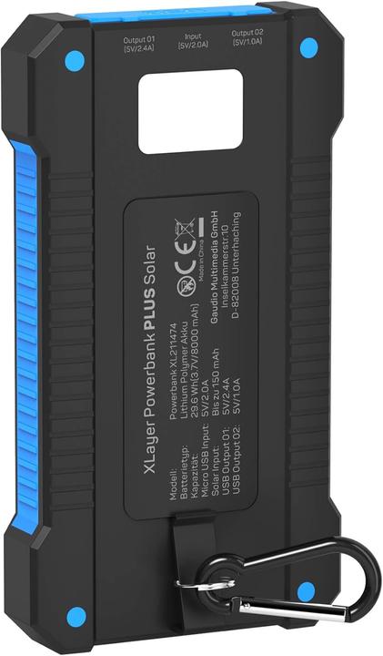 Immagine prodotto Xlayer Powerbank PLUS Solar Black/Blue 8000mAh (8000 mAh, 5 W, 29.60 Wh)