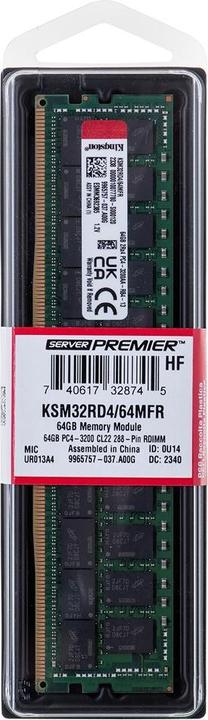 Image du produit Kingston 3200MT/s DDR4 ECC Reg CL22 DIMM2Rx4 (1 x 64GB, 3200 MHz, RAM DDR4, DIMM)