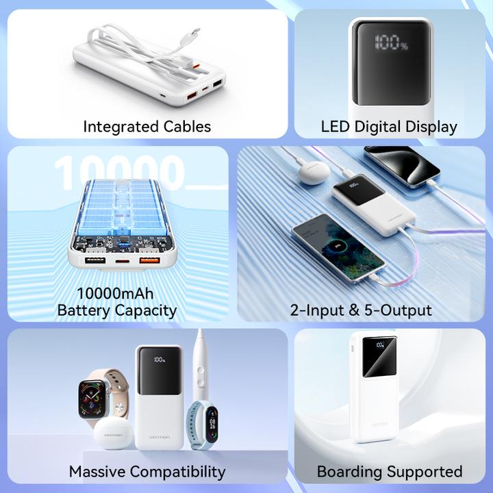 Actual product image Vention 10000mAh Power Bank (Micro-USB + USB-C + USB-A + USB-A) with Built-in USB-C and Lightning Cables 22. (10000 mAh, 37 Wh)