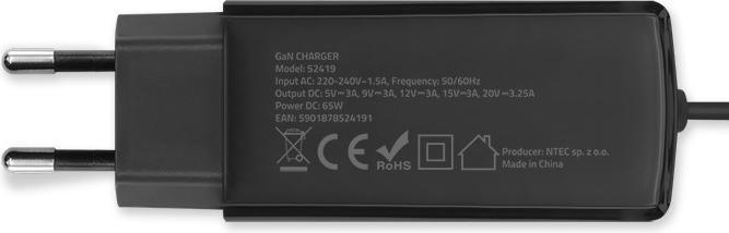 Image du produit Qoltec 52419 65 W GaN Super-Schnellladegerät | 5–20 V | 3–3 25 A | USB-C 3.1 (65 W)