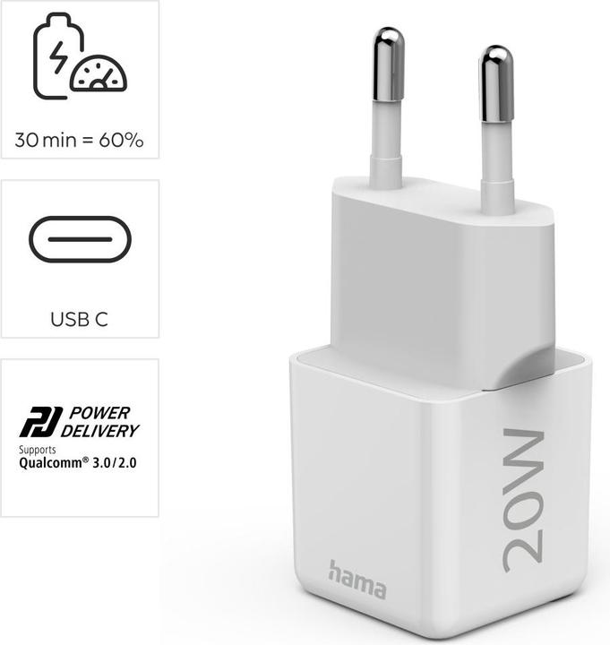 Actual product image Hama Fast charger, USB-C, PD/Qualcomm®, super mini charger, 20 W, white (20 W)