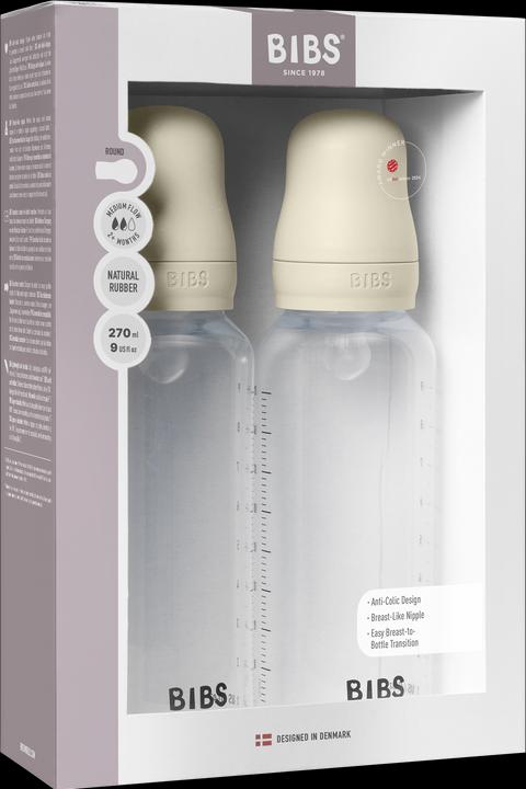 Bibs - Baby Bottle Round Silicone 2 Pack Medium Flow - Ivory - 270 ml (270 ml)