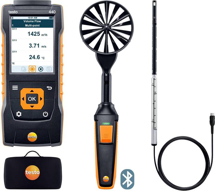 testo 440 Klimamessgerät, 3 x Mignon-Batterien Typ AA, USB-Kabel, Flügelrad-Sonde (Ø 100 mm) mit Bluetooth, inkl. Temperatursensor (bestehend aus 100 mm-Flügelrad-Sondenkopf