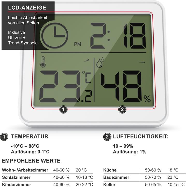 Produktbild Bearware Thermometer & Hygrometer, Temperatur, Luftfeuchtigkeit & Uhrzeit, Innenwetterstation, Magnethalter