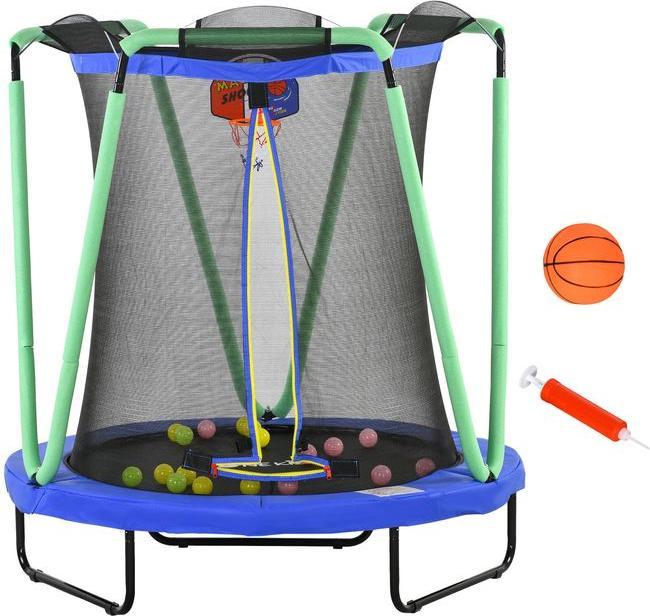 Produktbild Swisshandel24 Trampolin Kindertrampolin Sicherheitsnetz Ø140cm Basketballkorb Basketball 20 Bälle 3-10 Jahre Blau (140 cm)