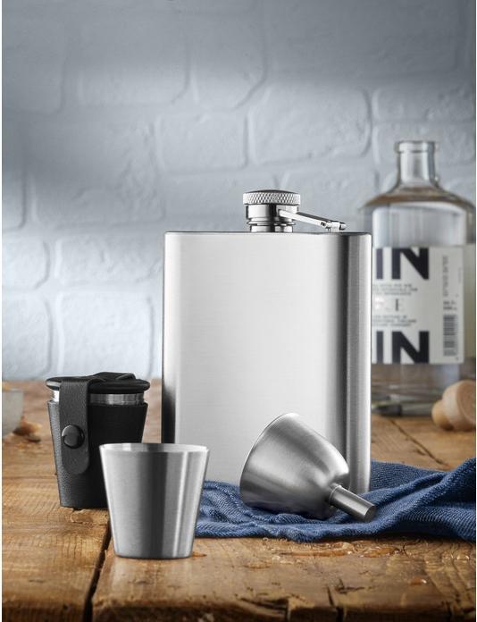 Produktbild WMF Flachmann Set 6tlg mit Schnapsgläser Trichter Manhattan Edelstahl mattiert (200 ml)