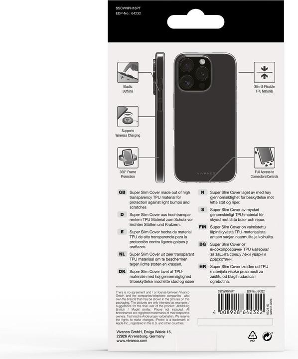 Actual product image Vivanco SUPER SLIM cover for iPhone 16 Pro, transparent (Apple iPhone 16 Pro)
