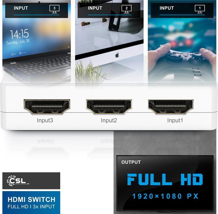 Produktbild CSL 3 Port HDMI Switch, Audio / Video Verteiler mit Verstärker, 3D, Full HD, inkl. Fernbedienung, weiss