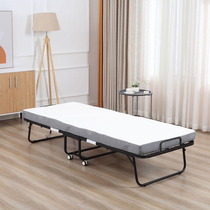 Image du produit Swisshandel24 Lit d'appoint Lit pliant avec roulettes Acier+mousse Blanc+noir 200 x 75 x 42,5 cm (75 x 200 cm)