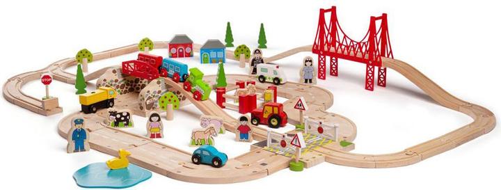 Bigjigs Wooden road and train set Countryside, 80 pcs.