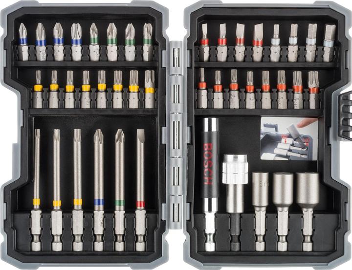 Produktbild Bosch Professional Zubehör Bits-Satz mit Klingenhalter - 43 Stk (Innensechsrund TX M10, Innensechsrund TX M15, Innensechsrund TX M20, Innensechsrund TX M30, Kreuz Phillips PH M1, Kreuz Phillips PH M2, Innensechsrund TX M25, Innensechsrund TX M27, Innensechsrund TX M40, Kreuz Pozidriv PZ M1, Kreuz Pozidriv PZ M2, Kreuz Phillips PH M3, Kreuz Pozidriv PZ M3)