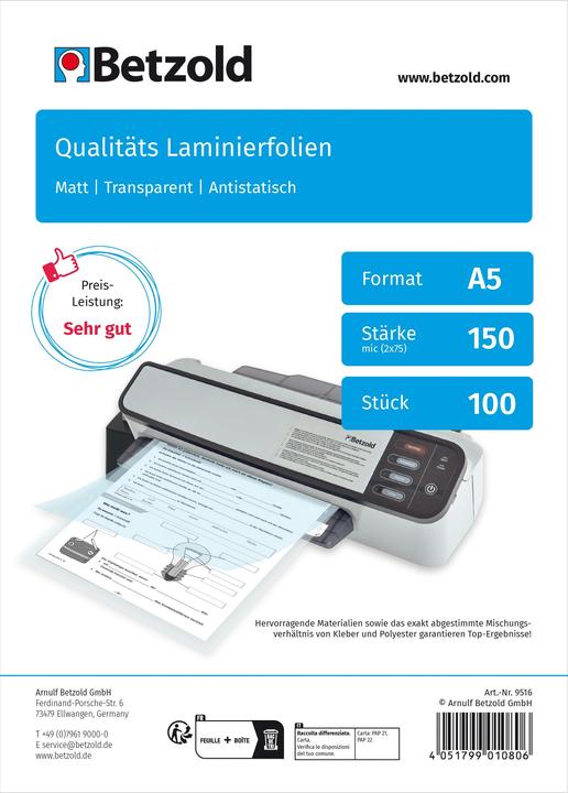 Produktbild Betzold Karton mit 100 Laminierfolien matt, DIN A5, 150 mic (A5, 100 Stück, 150 µm)