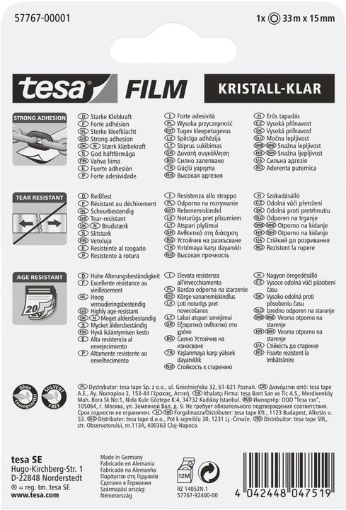Valori nutrizionali e ingredienti tesa 1x tesafilm KRISTALL-KLAR, altamente trasparente, resistente all'invecchiamento, con forte adesione (15 mm)